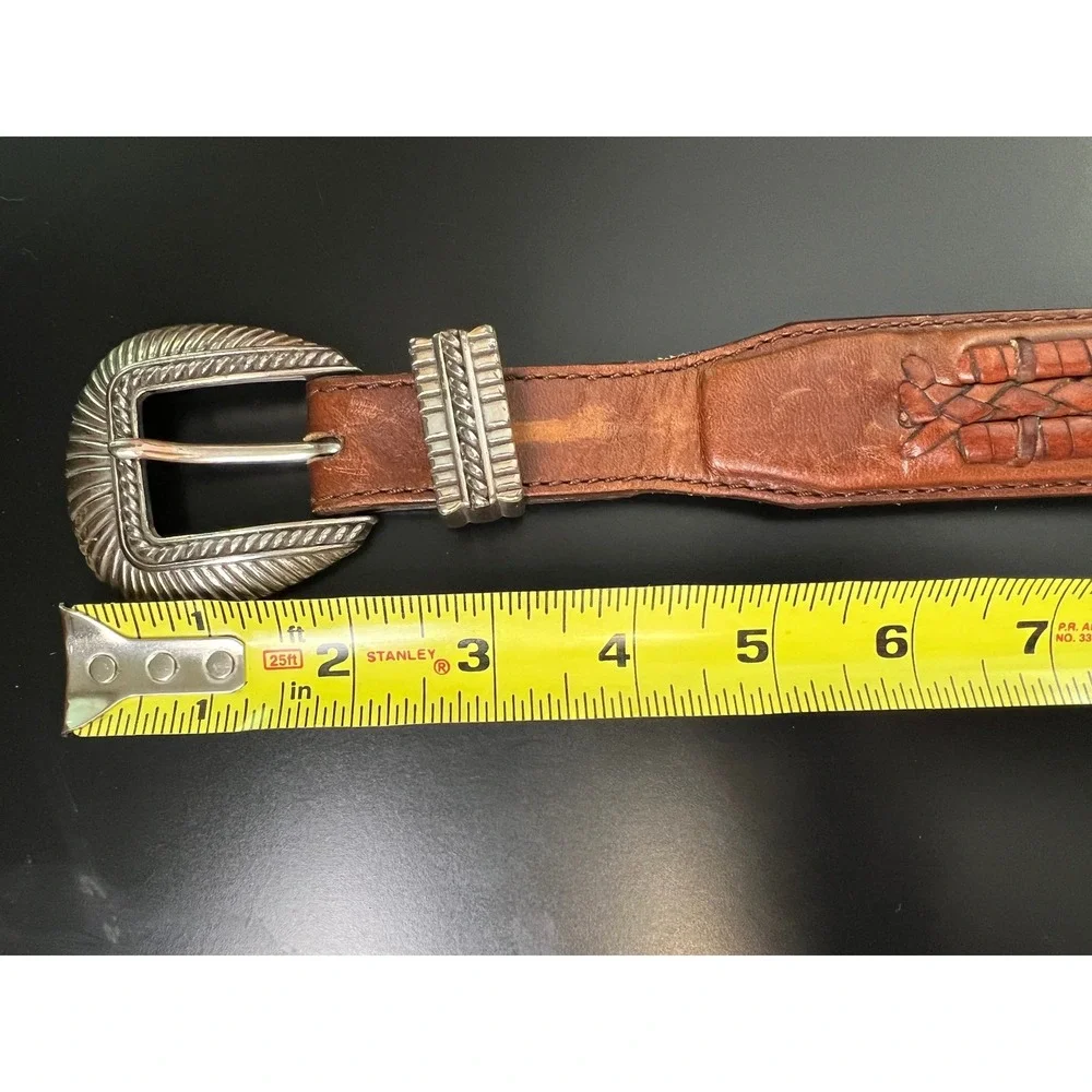 Vintage Western Brown Leather Braided Belt Silver Engraved Buckle‎ Tip Boho 40